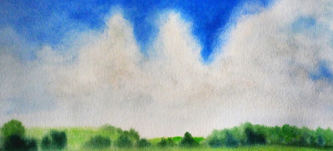 A landscape with vibrant colors, a blue sky, beautiful clouds shinning, and a rich colorful grass
